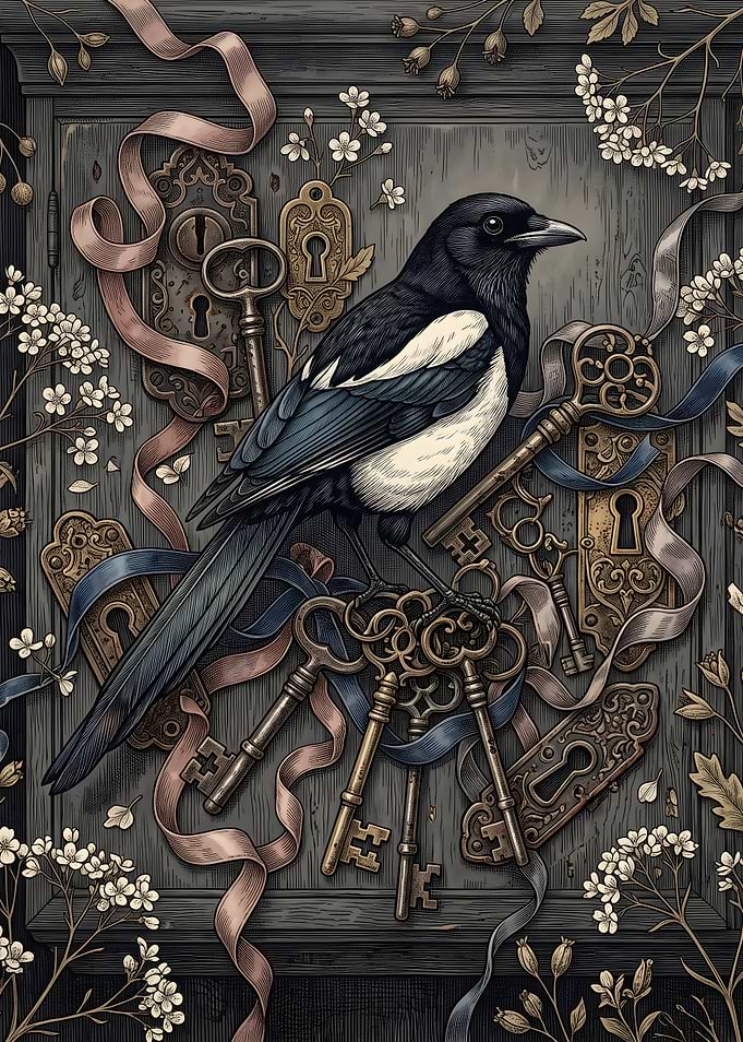 Magpie Perched on Vintage Keys