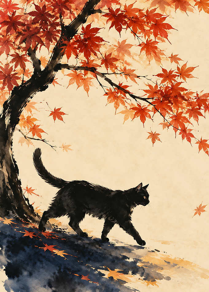 Black Cat Under Autumn Maple Tree