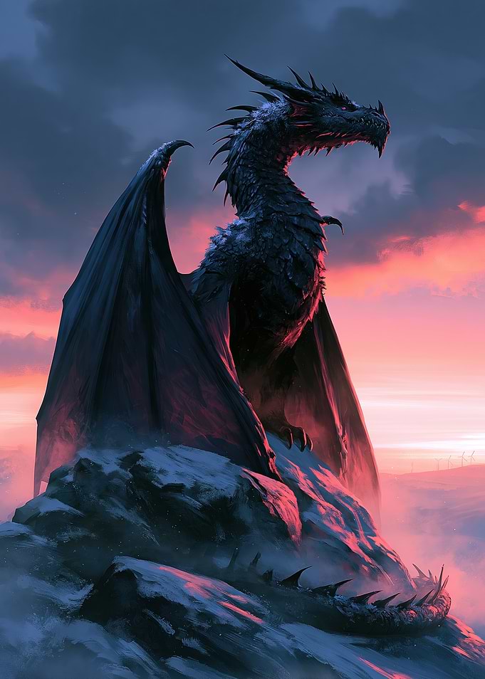 Majestic Black Dragon on Snowy Peak