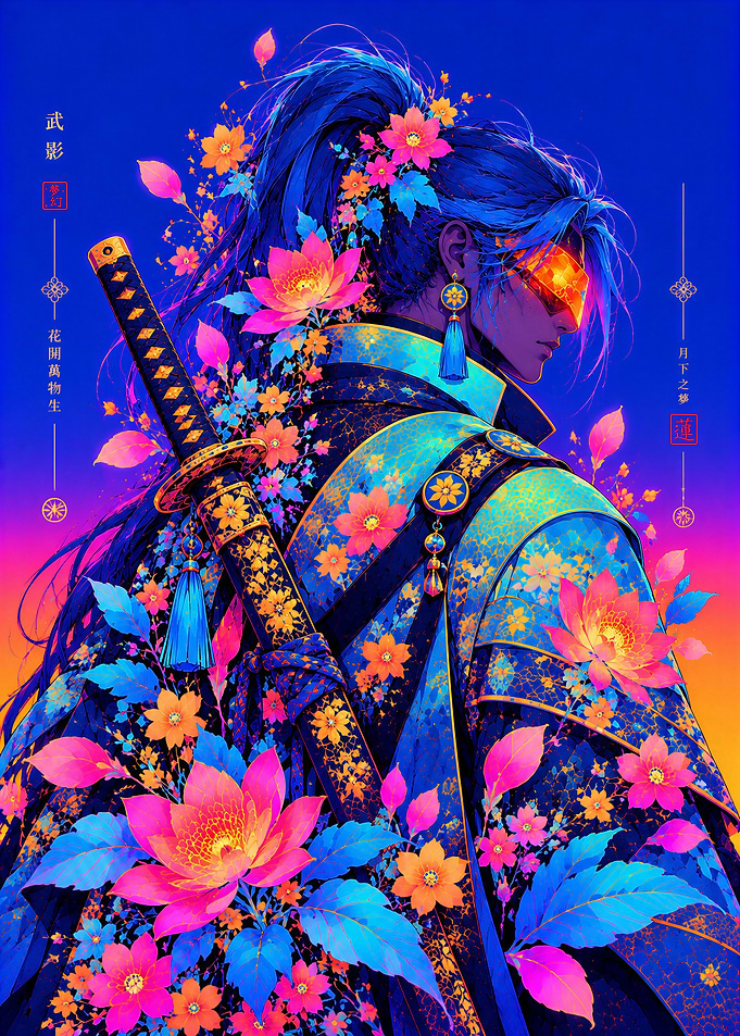 Cyberpunk Samurai with Neon Flowers