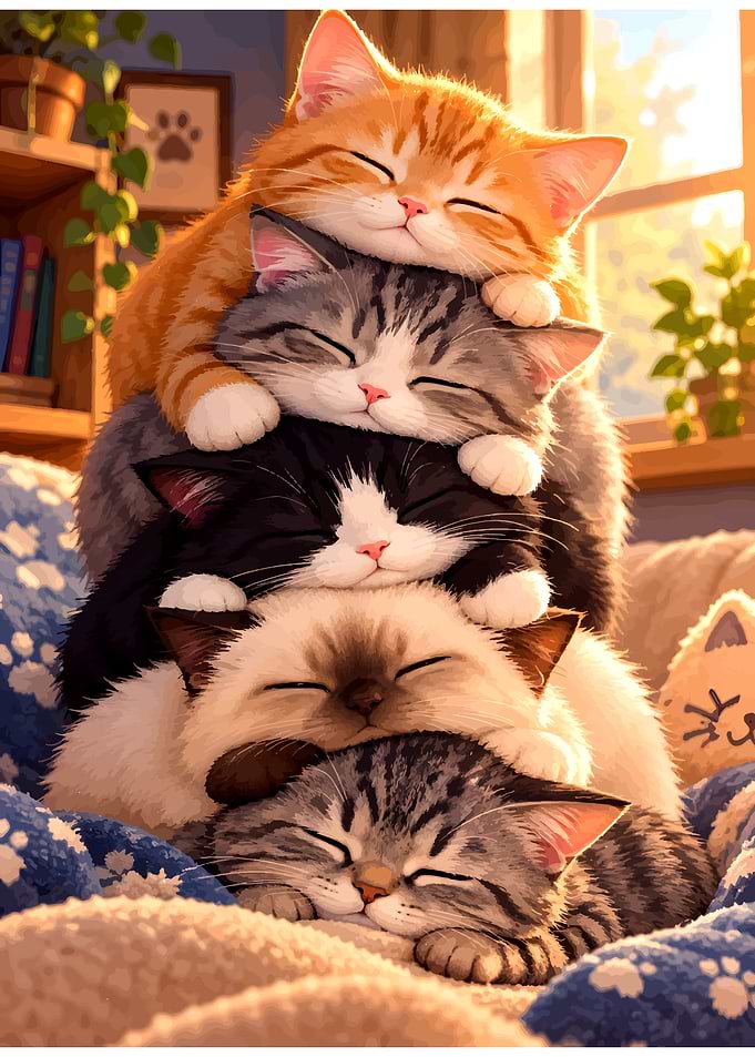 Stack of Five Sleeping Kittens