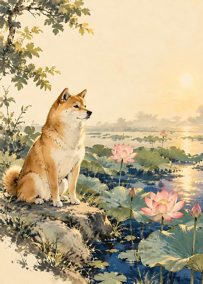 Shiba Inu by Lotus Pond