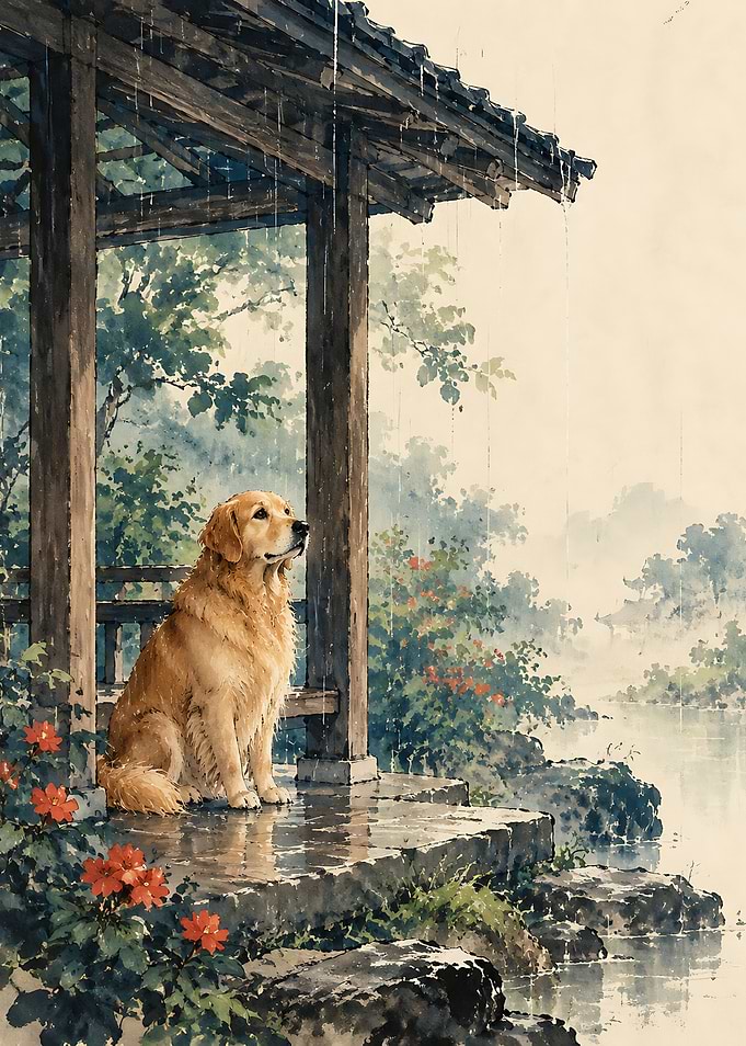 Golden Retriever in Rainy Garden Pavilion