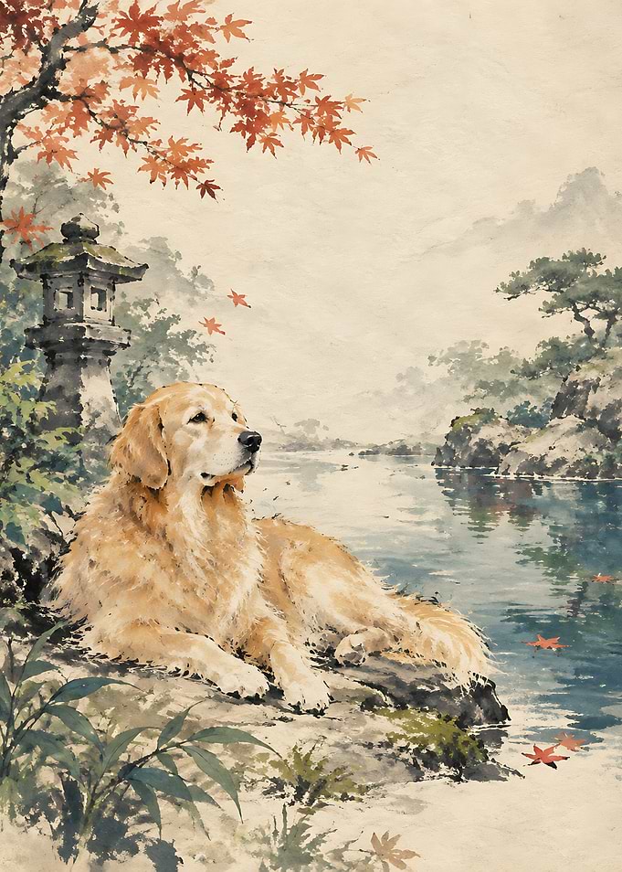 Golden Retriever in Japanese Garden