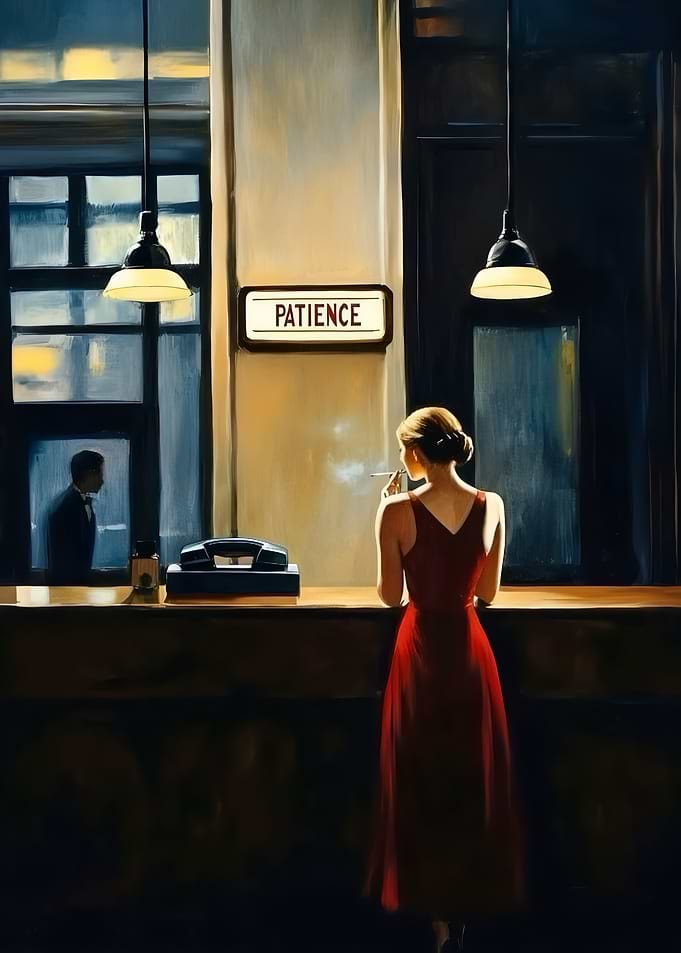 Woman in Red at Patience Counter