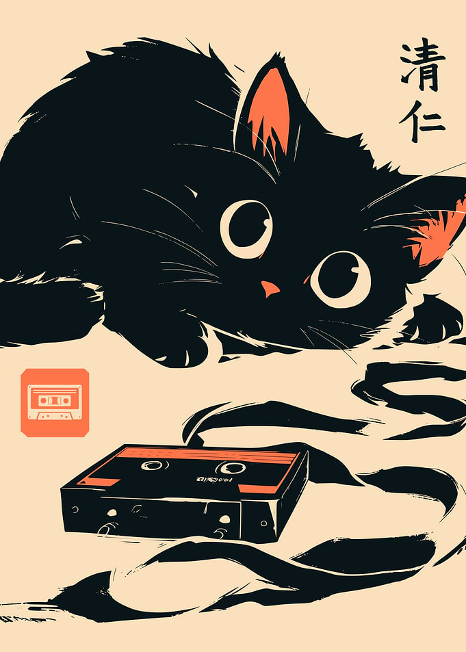 Black Cat Cassette Tape Retro Music
