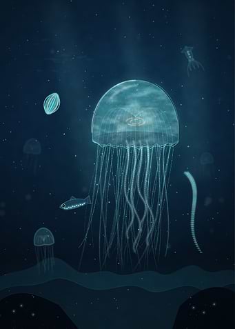 Bioluminescent Deep Sea Jellyfish Scene