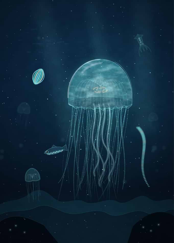 Bioluminescent Deep Sea Jellyfish Scene