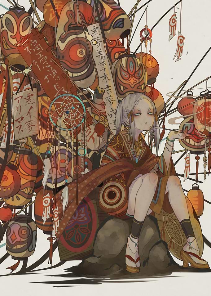 Anime Girl Surrounded by Traditional Lanterns