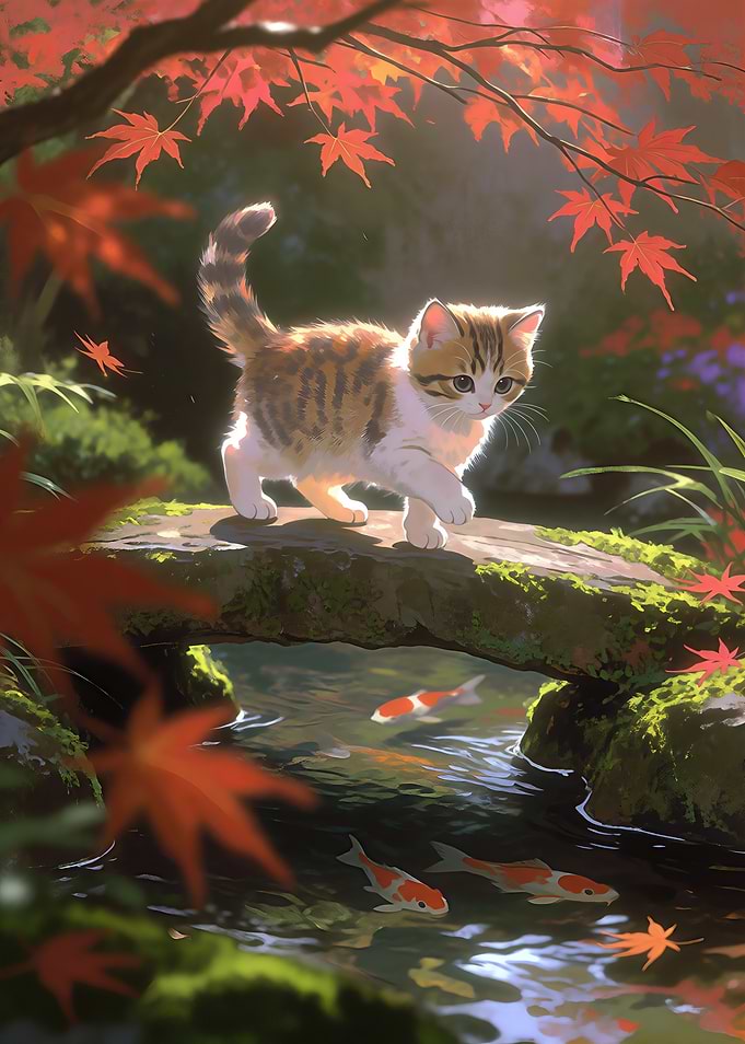 Kitten Crossing a Mossy Bridge