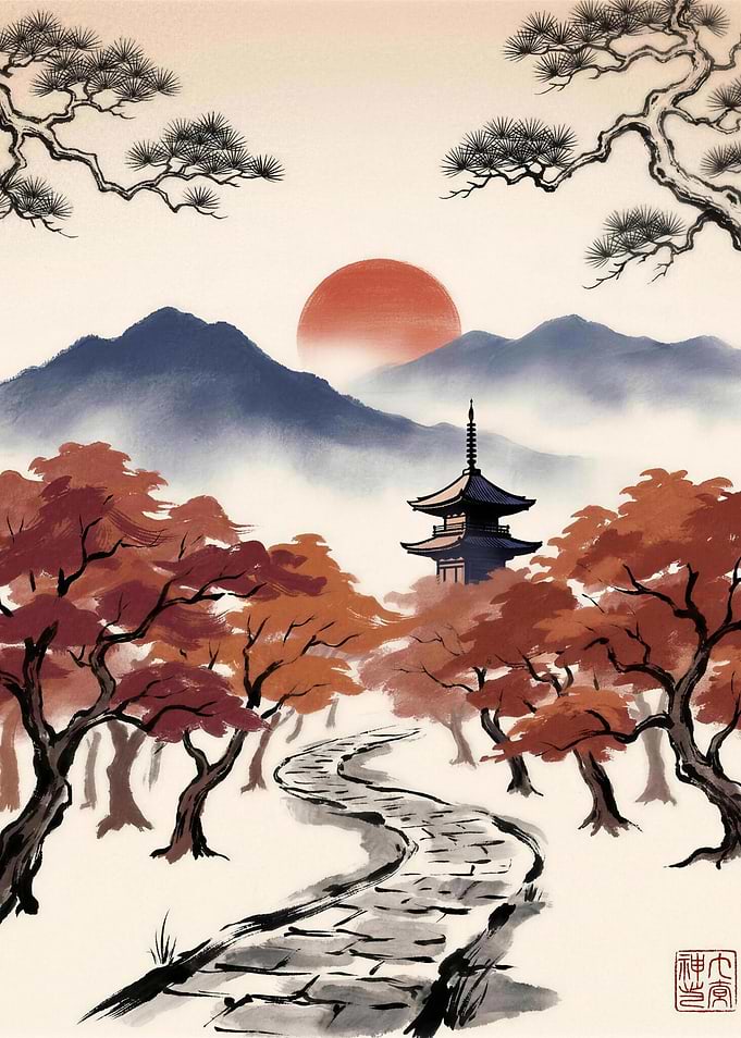 Crimson Maple Pagoda - Japanese Autumn Ink Wash Landscape