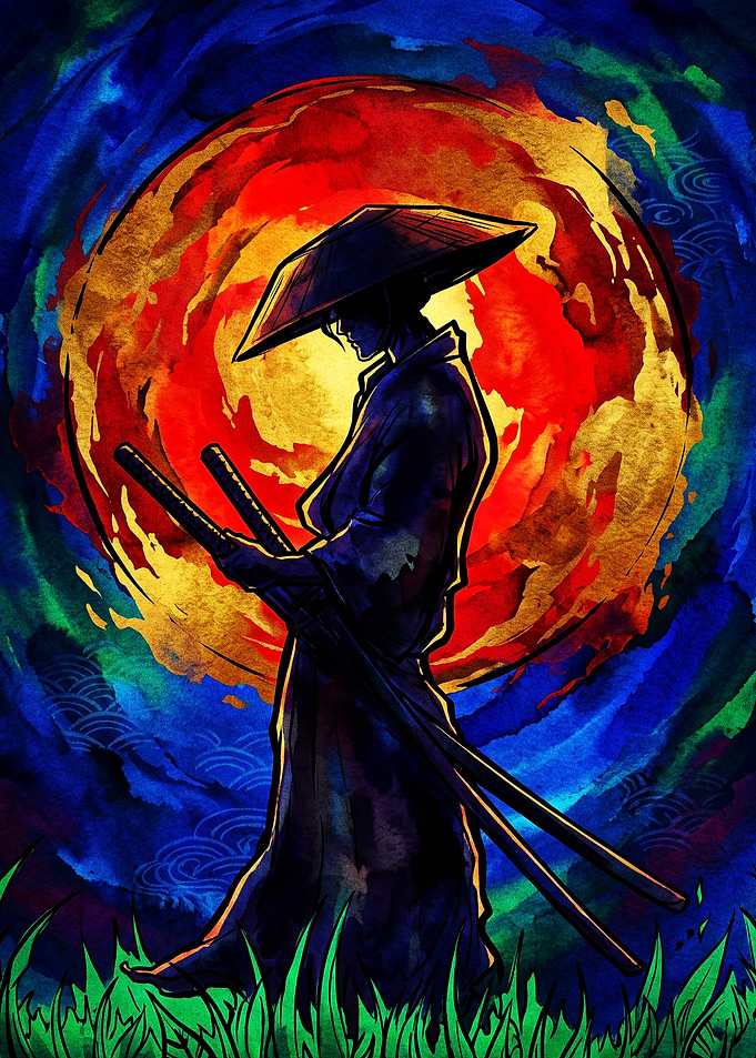 Samurai Silhouette Against Radiant Sun
