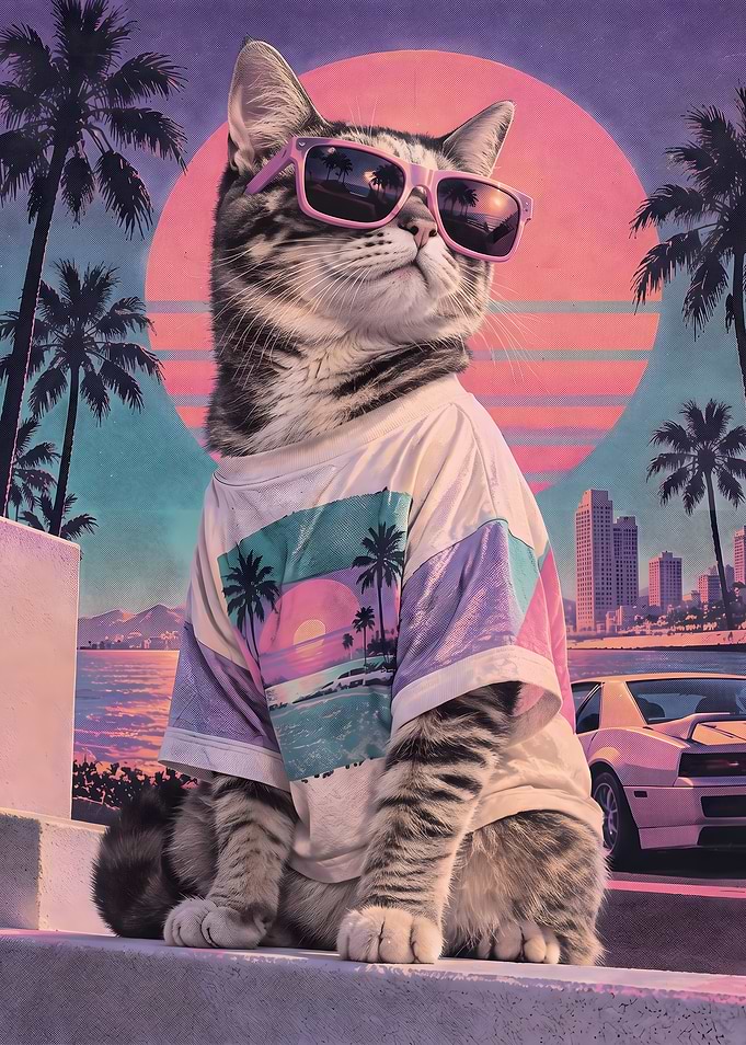 Retro Synthwave Cat in Sunglasses