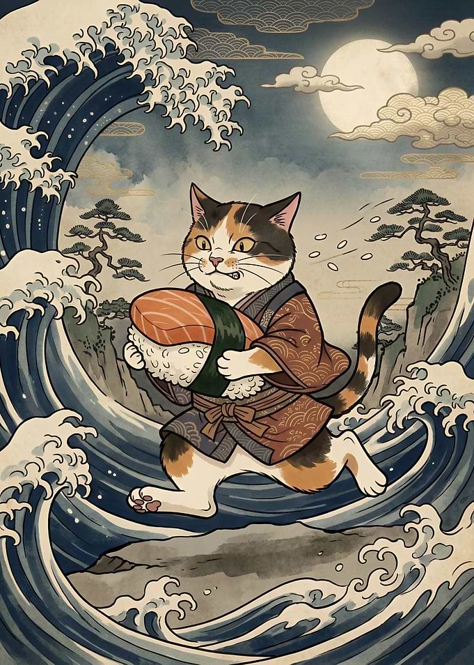 Calico Cat Running with Sushi