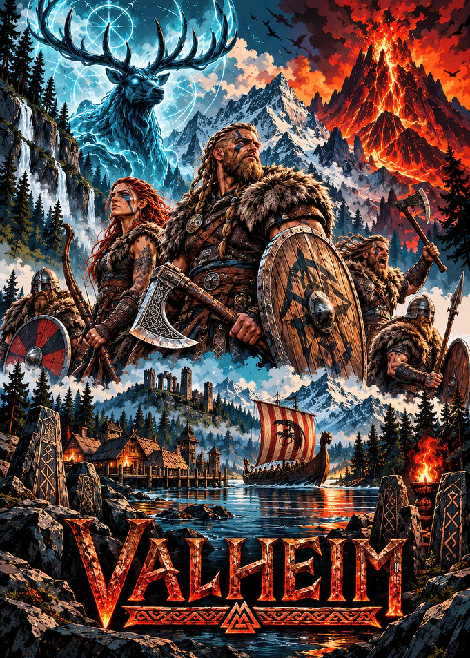 Valheim Viking Warriors and Eikthyr