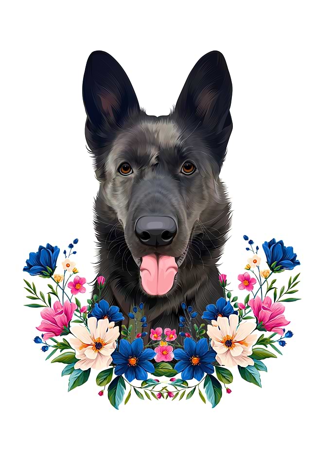 Black German Shepherd Floral Portrait