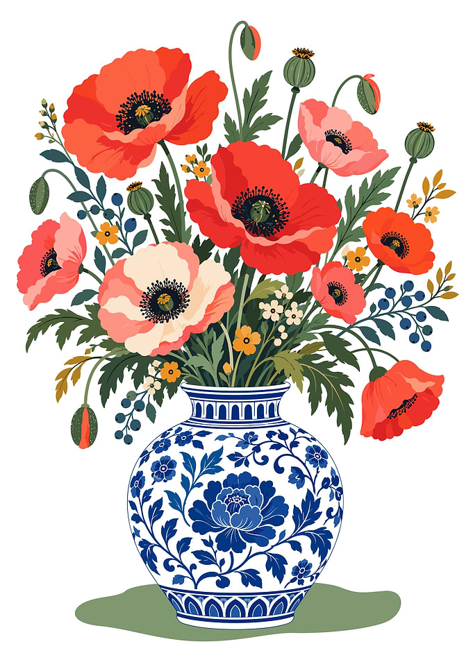 Poppy Bouquet in Blue Porcelain Vase