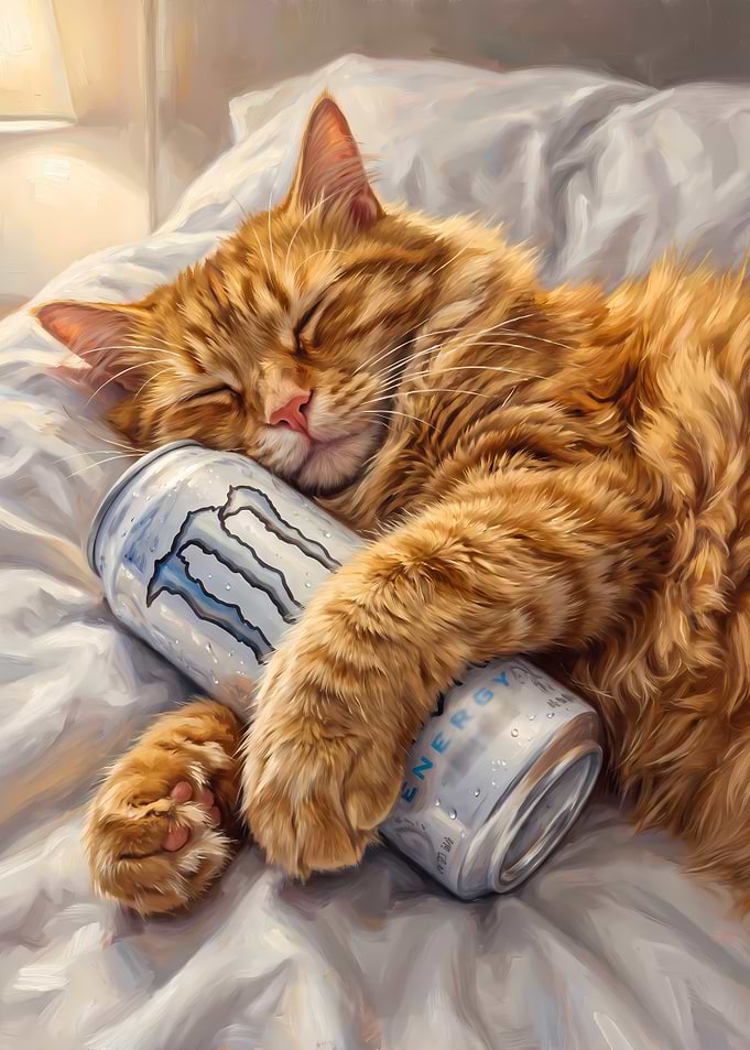 Ginger Cat Sleeping With Energy Drink