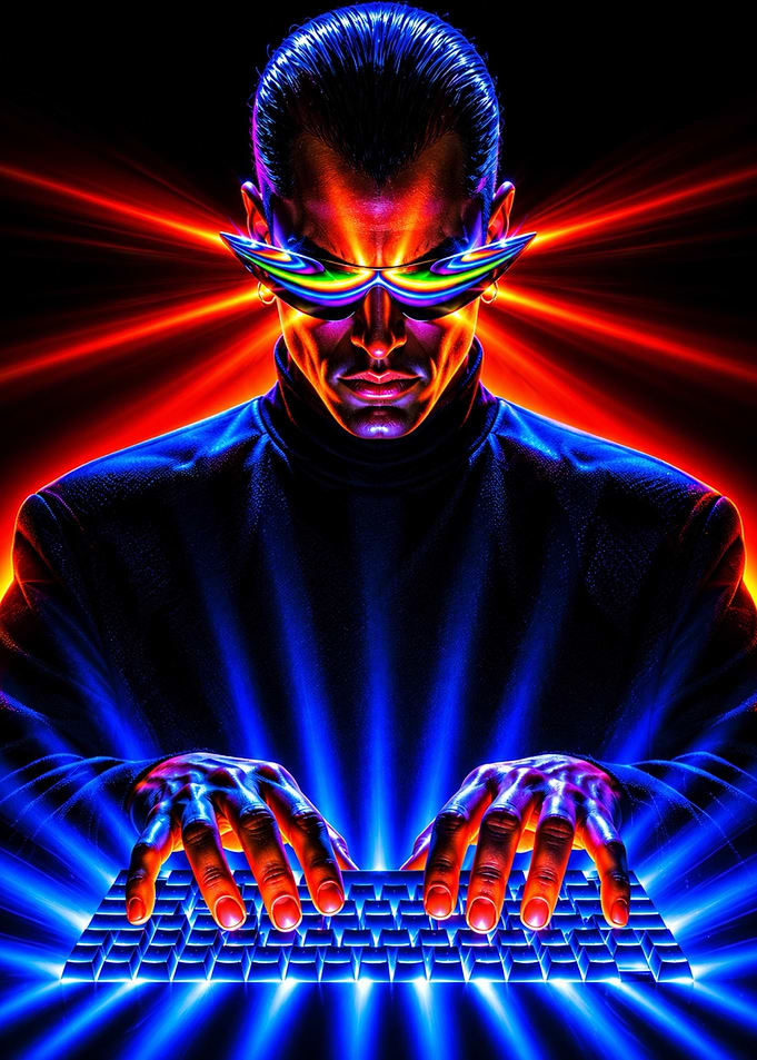 Cyberpunk Hacker Typing on Keyboard