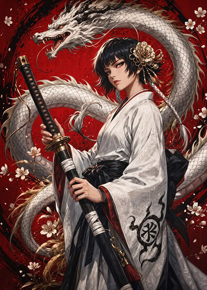 Samurai Girl Dragon Japanese Art