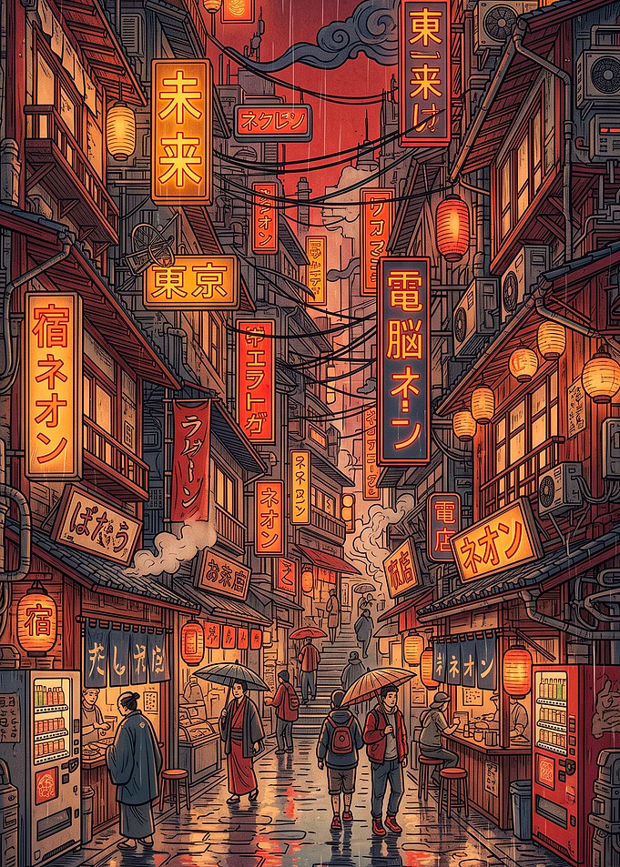 Rainy Cyberpunk Japanese Alleyway