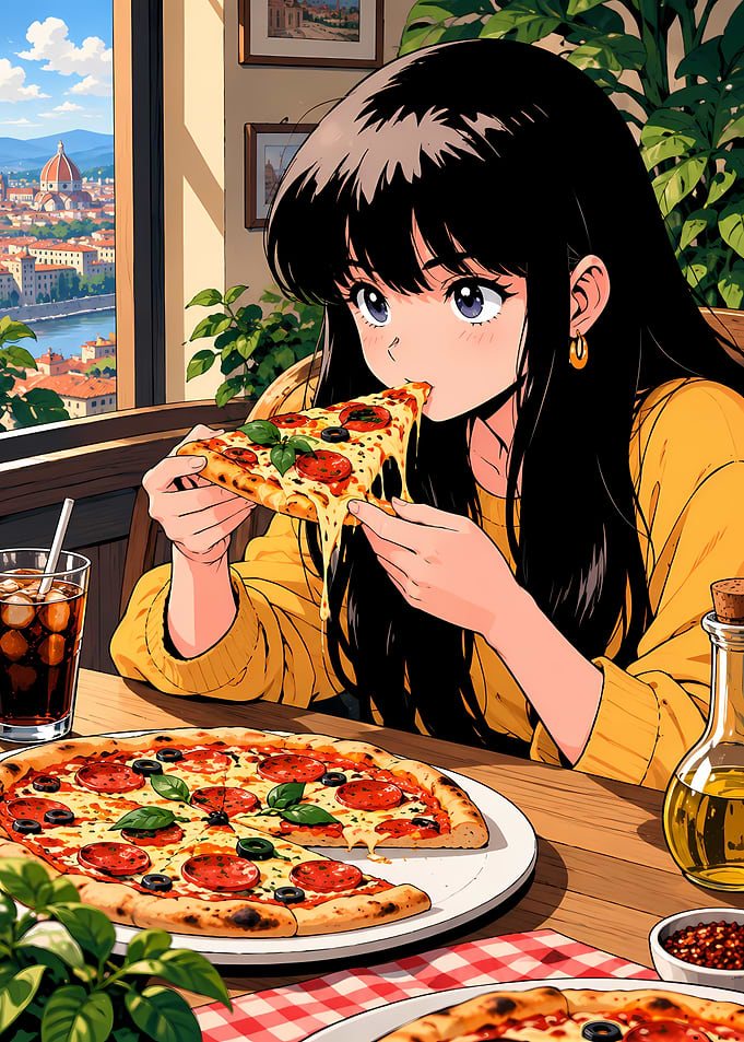 Anime Girl Eating Pizza in Florence