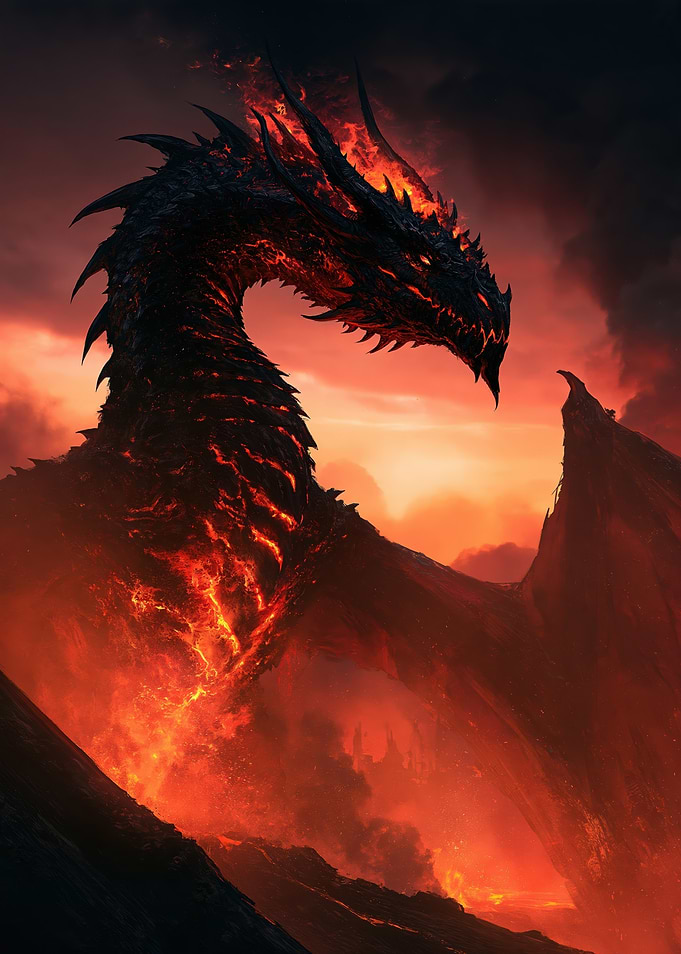 Majestic Fire Dragon in Volcanic Landscape