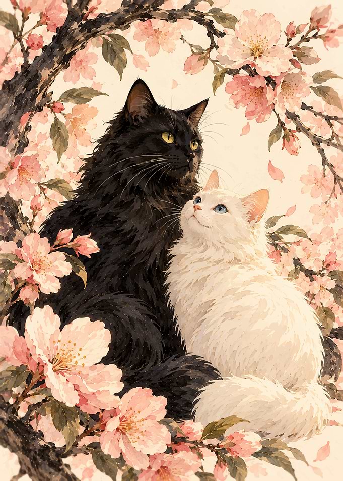 Black and White Cats in Cherry Blossoms