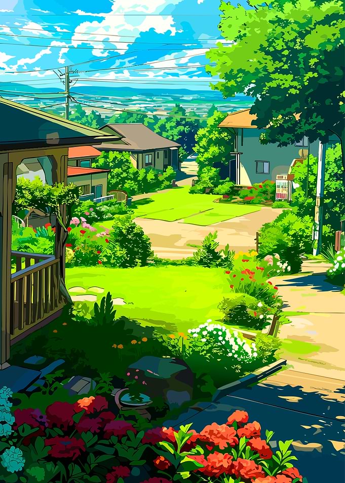 Vibrant Anime Style Suburban Landscape
