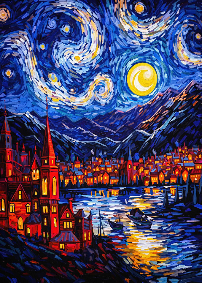 Starry Night Cityscape Oil Poster