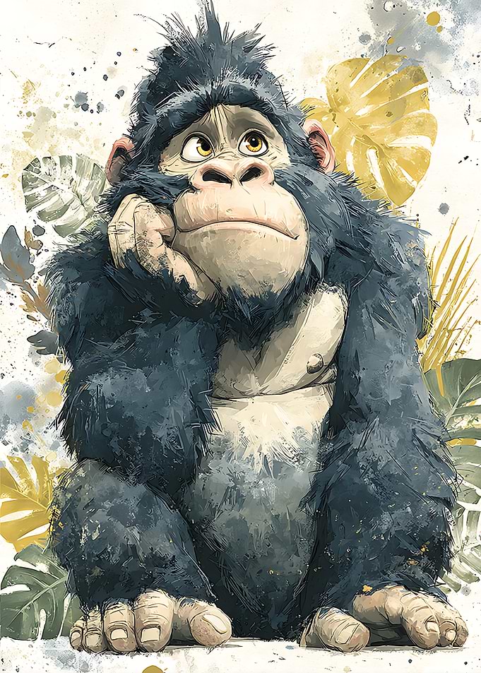 Pensive Gorilla Watercolor Illustration