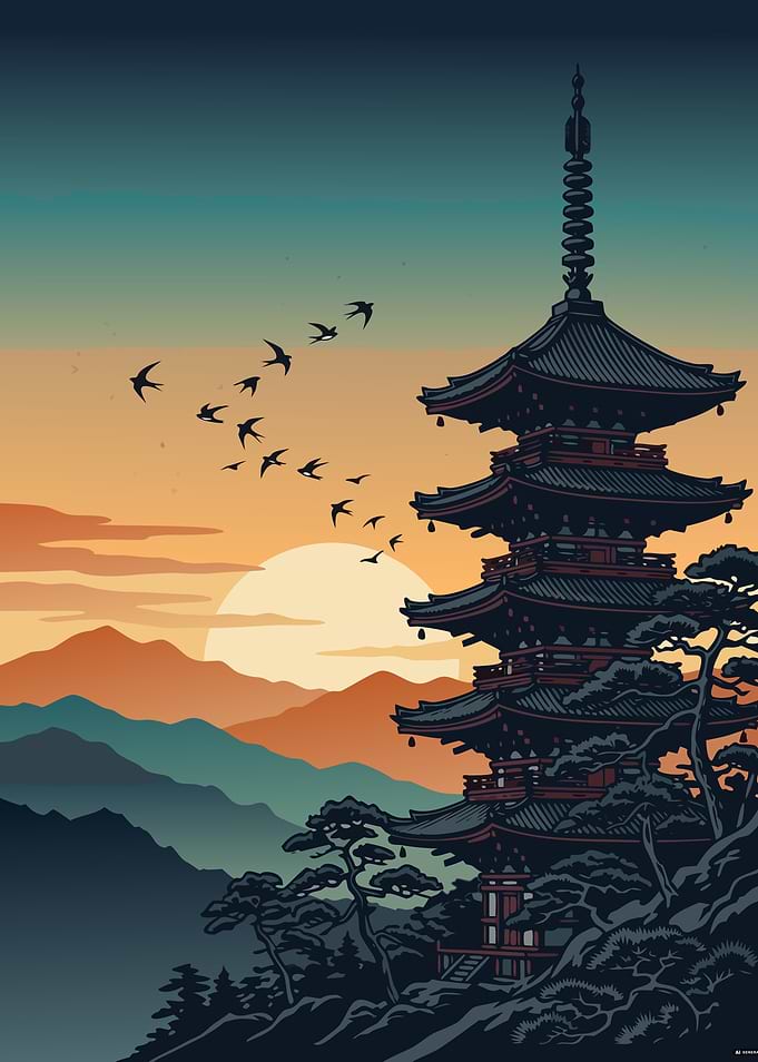 Japanese Pagoda at Sunset