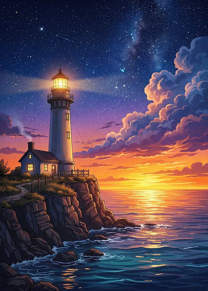 Lighthouse Sunset Night Sky Art
