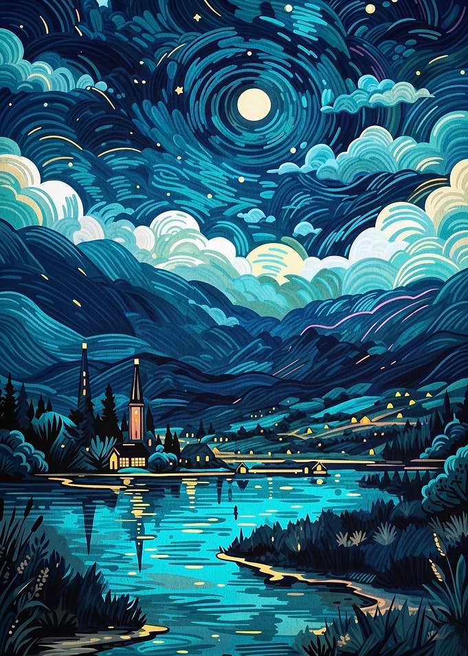 Starry Night Lake Van Gogh Art