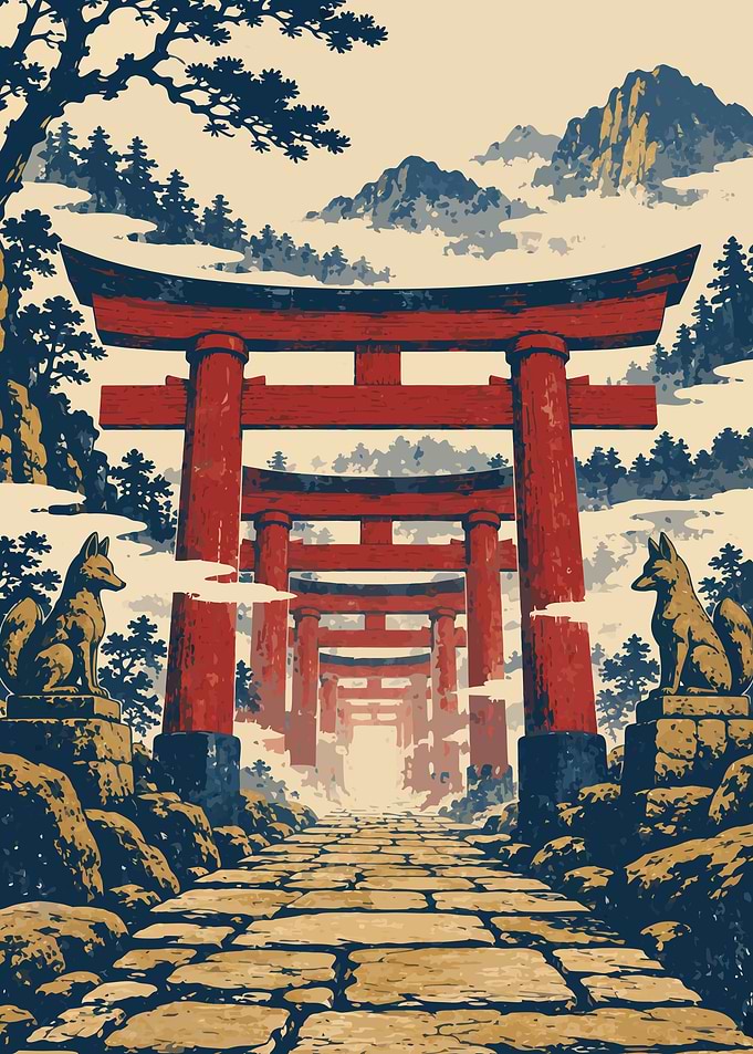 Japanese Torii Gate Ukiyo-e Metal Poster, No Text