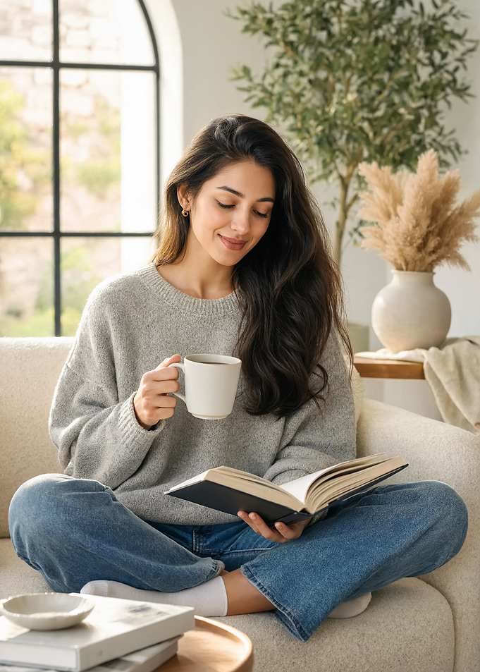 Woman Reading Book with Coffee