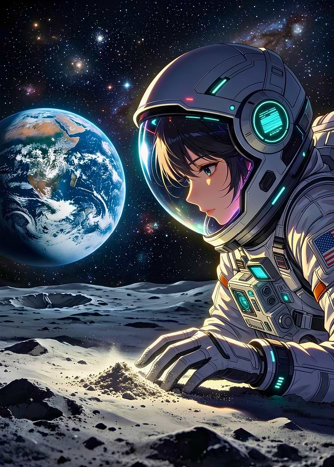 Anime Astronaut Exploring Lunar Surface
