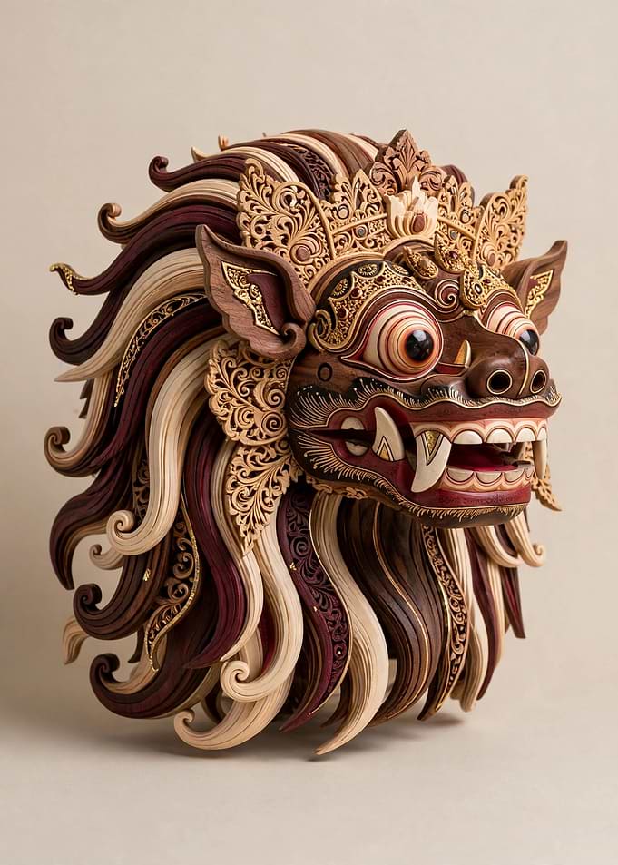 Luxury Balinese Barong Sculpture - Gold Leaf Wood Carving Art