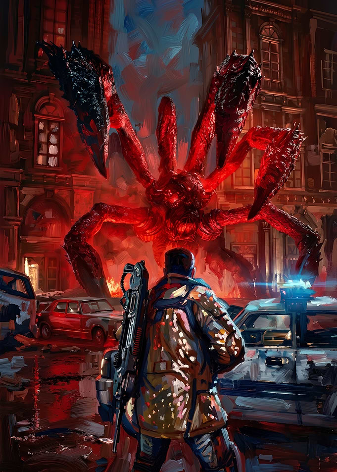 Soldier Facing Giant Red Monster