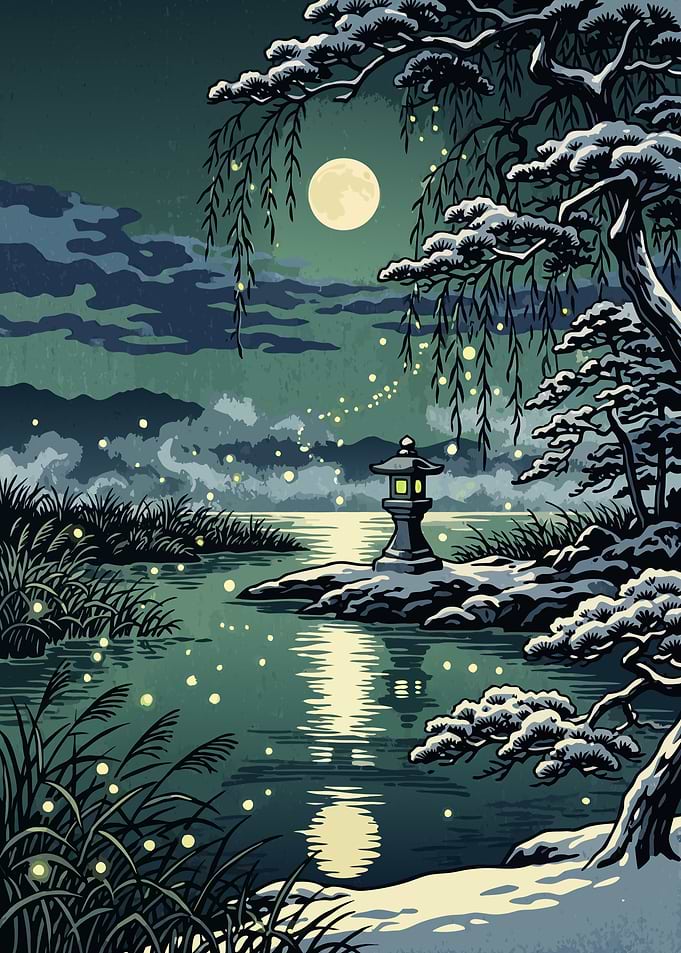 Willow Fireflies Winter Moonlight