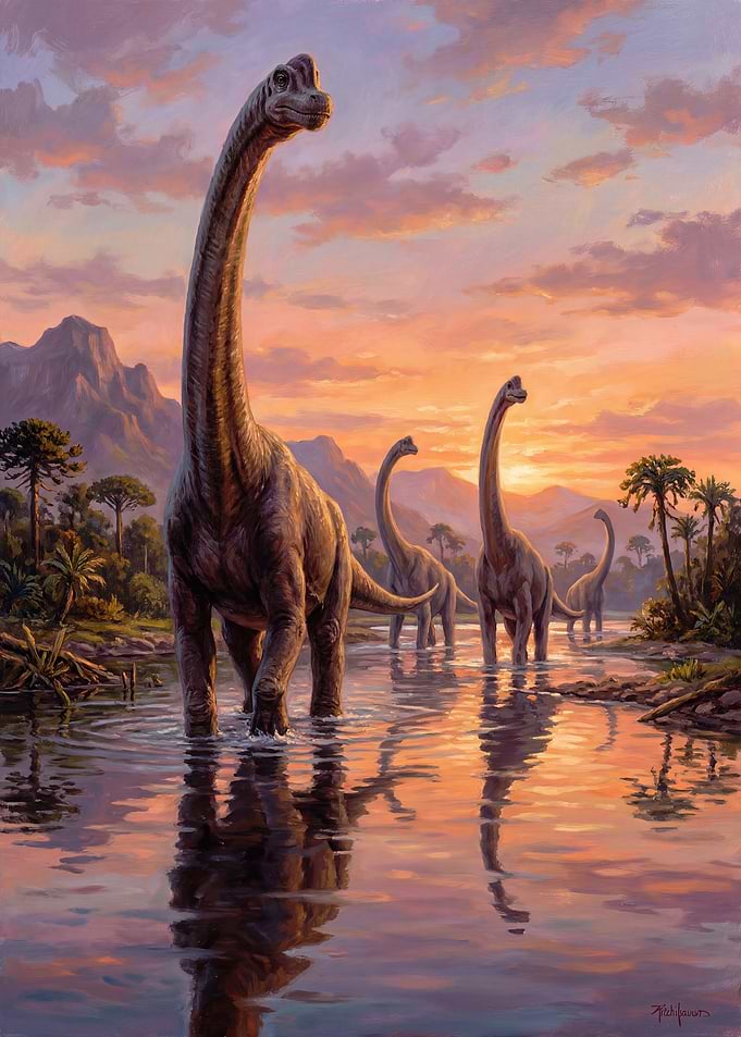 Brachiosaurus Herd Crossing River Painting