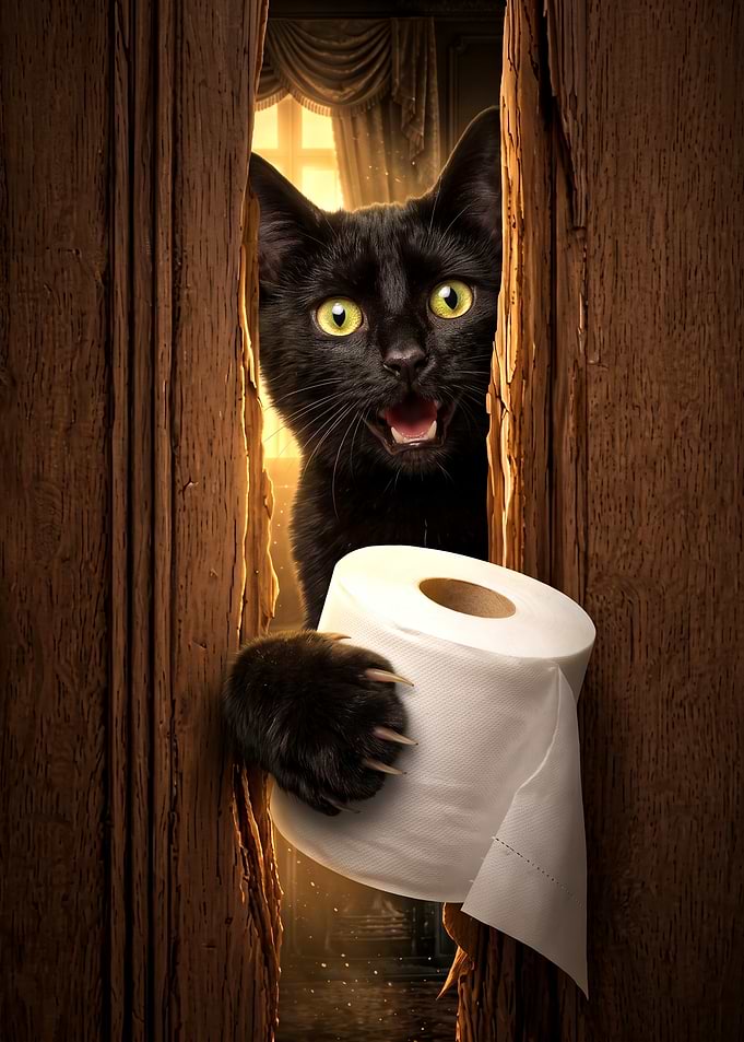 Black Cat Holding Toilet Paper