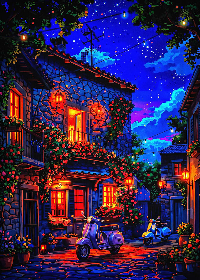 Italian Street Night Neon Art Poste