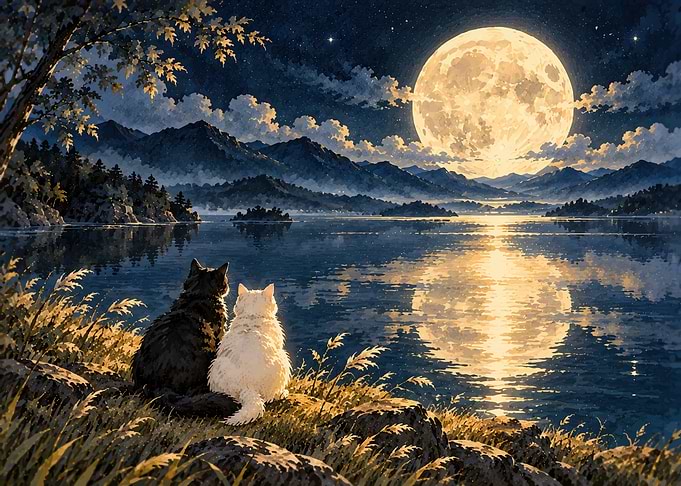 Two Cats Watching Full Moon