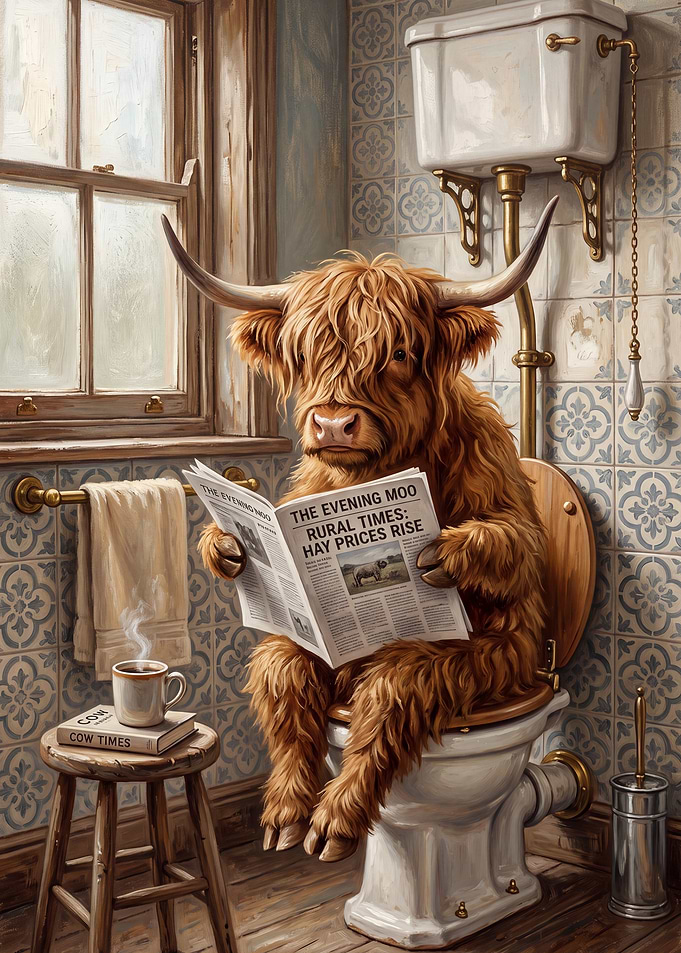 Fluffy Highland Cow Reading Newspaper on the Toilet