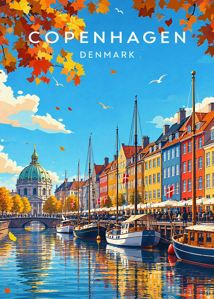 Copenhagen Nyhavn Autumn Travel Poster