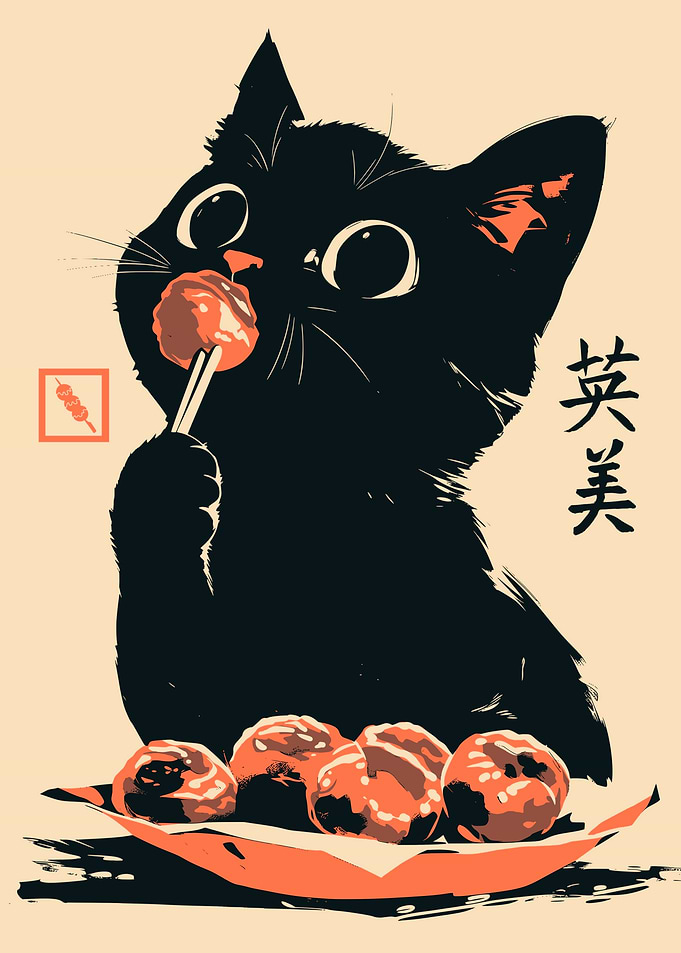 Cute Black Cat Takoyaki Asian Food