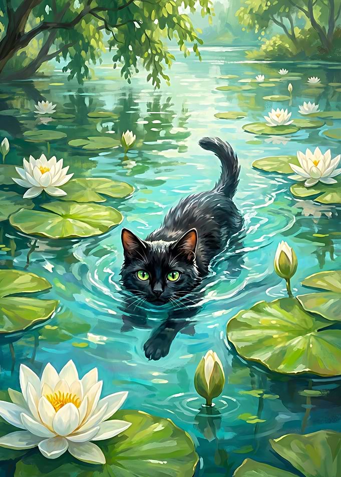 Black Cat Swimming in Lily Pond