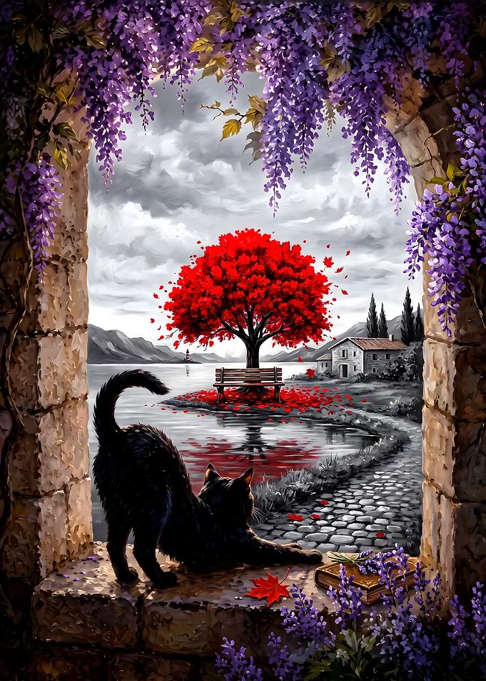 Black Cat Watching Red Tree Landscape