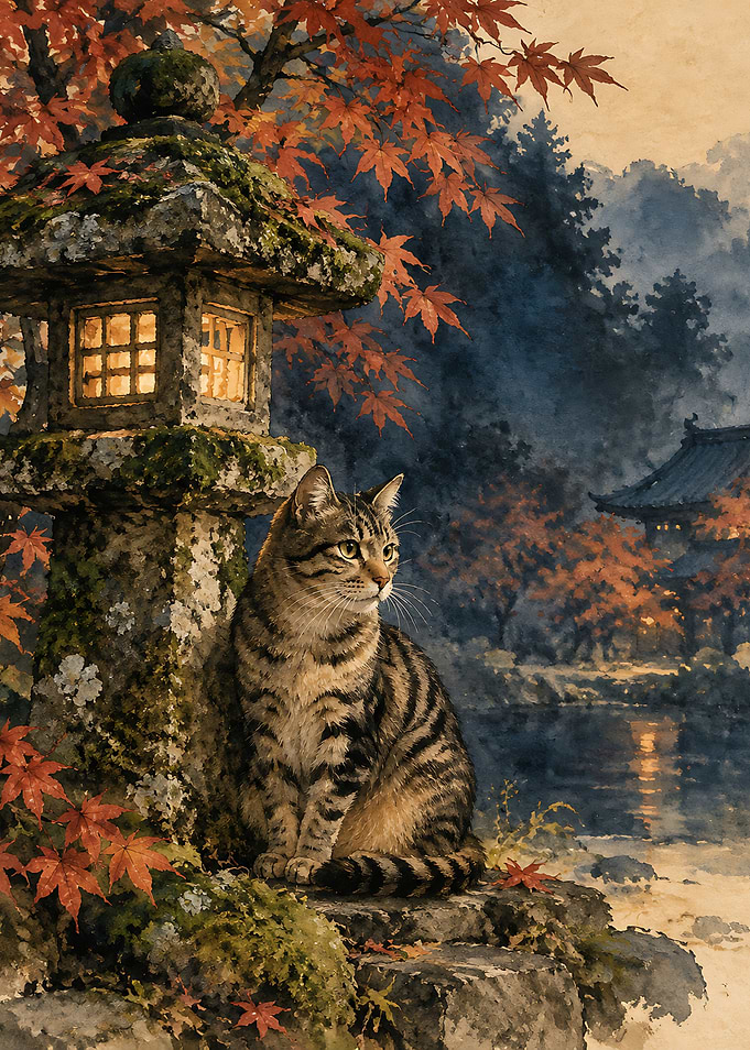 Tabby Cat by Japanese Stone Lantern